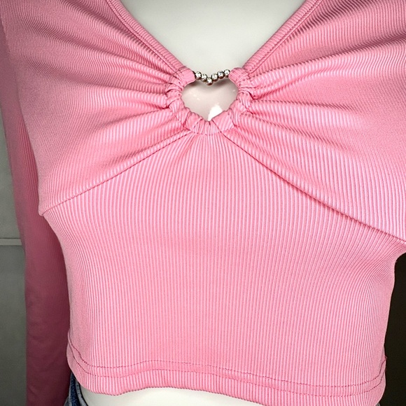 Pink Ribbed Ruched Crop Top Rhinestone Ring Y2K Long Sleeve Medium - Picture 3 of 4